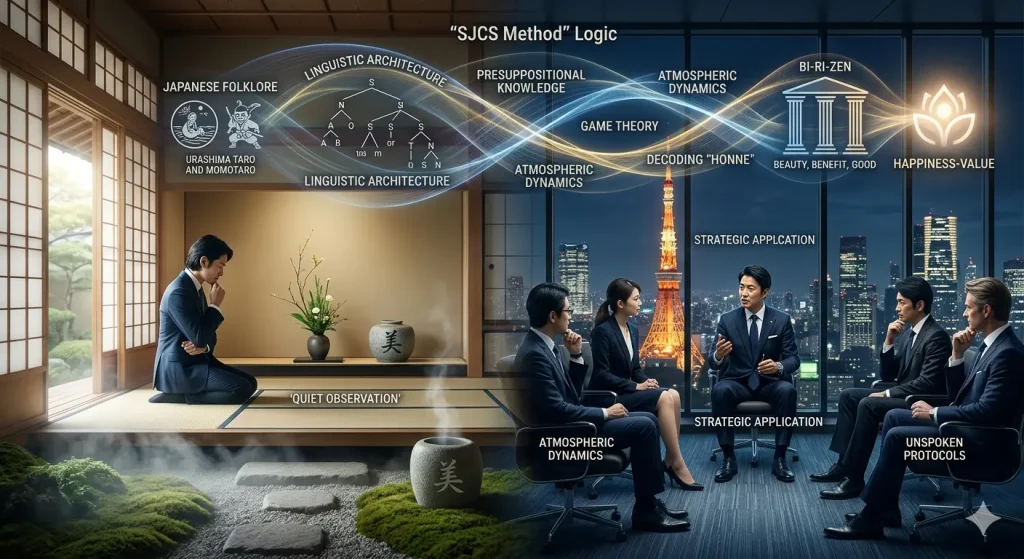 The SJCS Method framework showing the transition from traditional Japanese cultural observation to high-stakes corporate negotiation in the boardroom, mastering Contextual Intelligence.